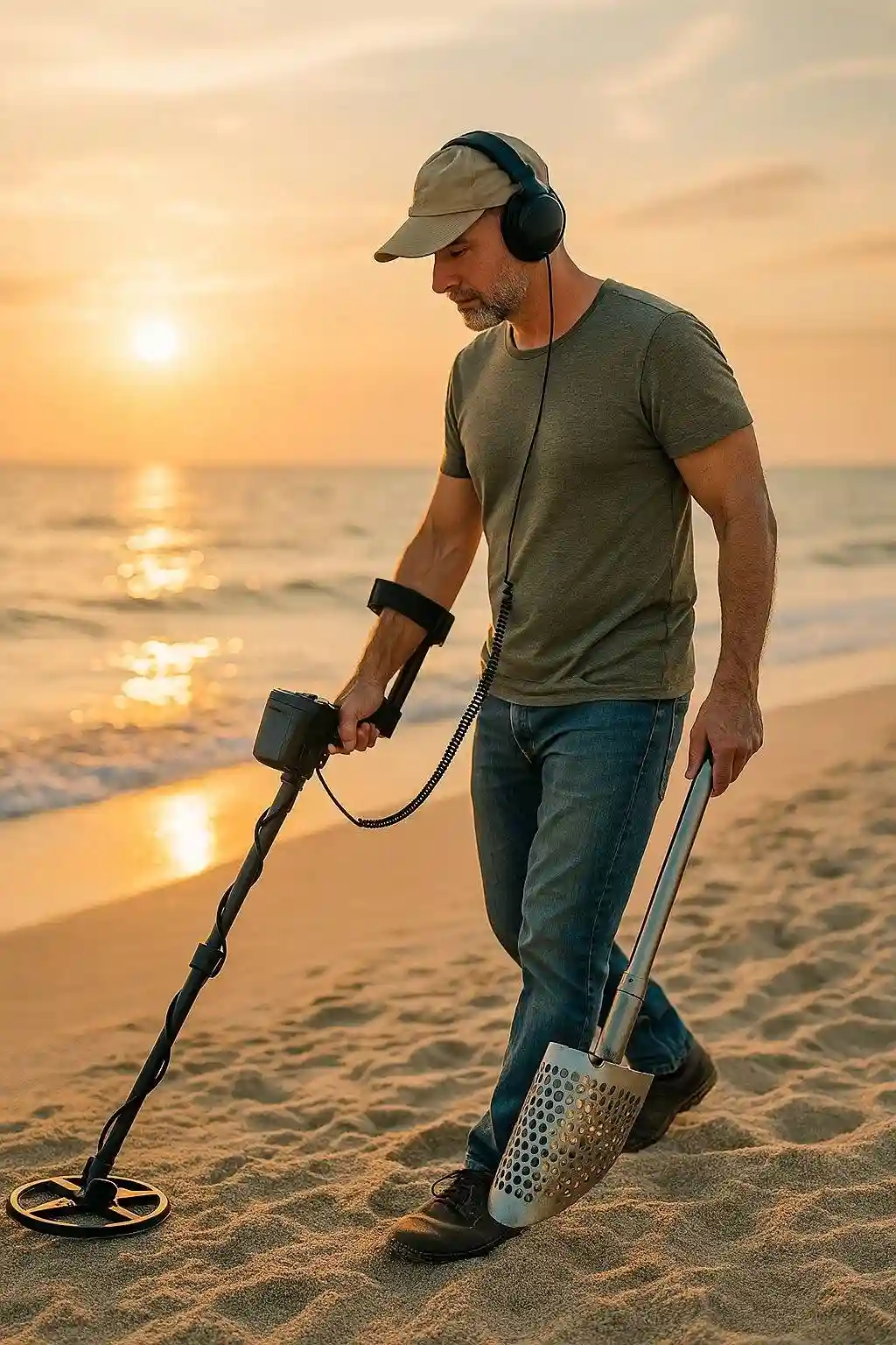 Person using a metal detector in a countryside field at sunset